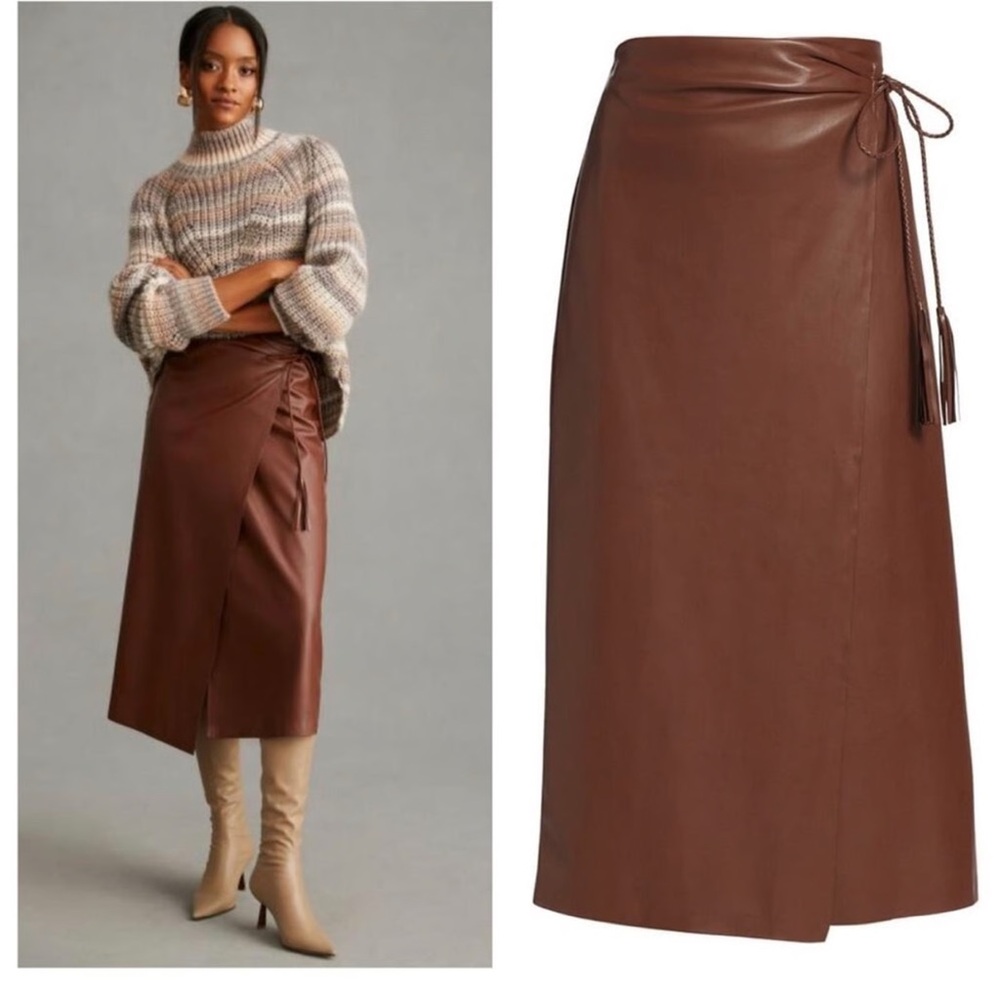 MOTHER It’s a Wrap Faux Leather Skirt SM Friar Brown